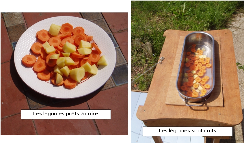 préparation des légumes pour la cuisiniere solaire Bernard, et cuisson